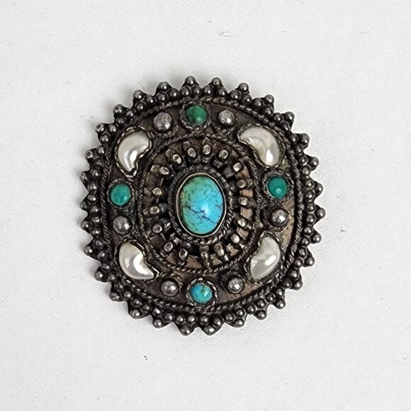 Antique 935 Silver Turquoise Pearl Brooch Pendant Natural Patina Coastal Cowgirl - Picture 2 of 9